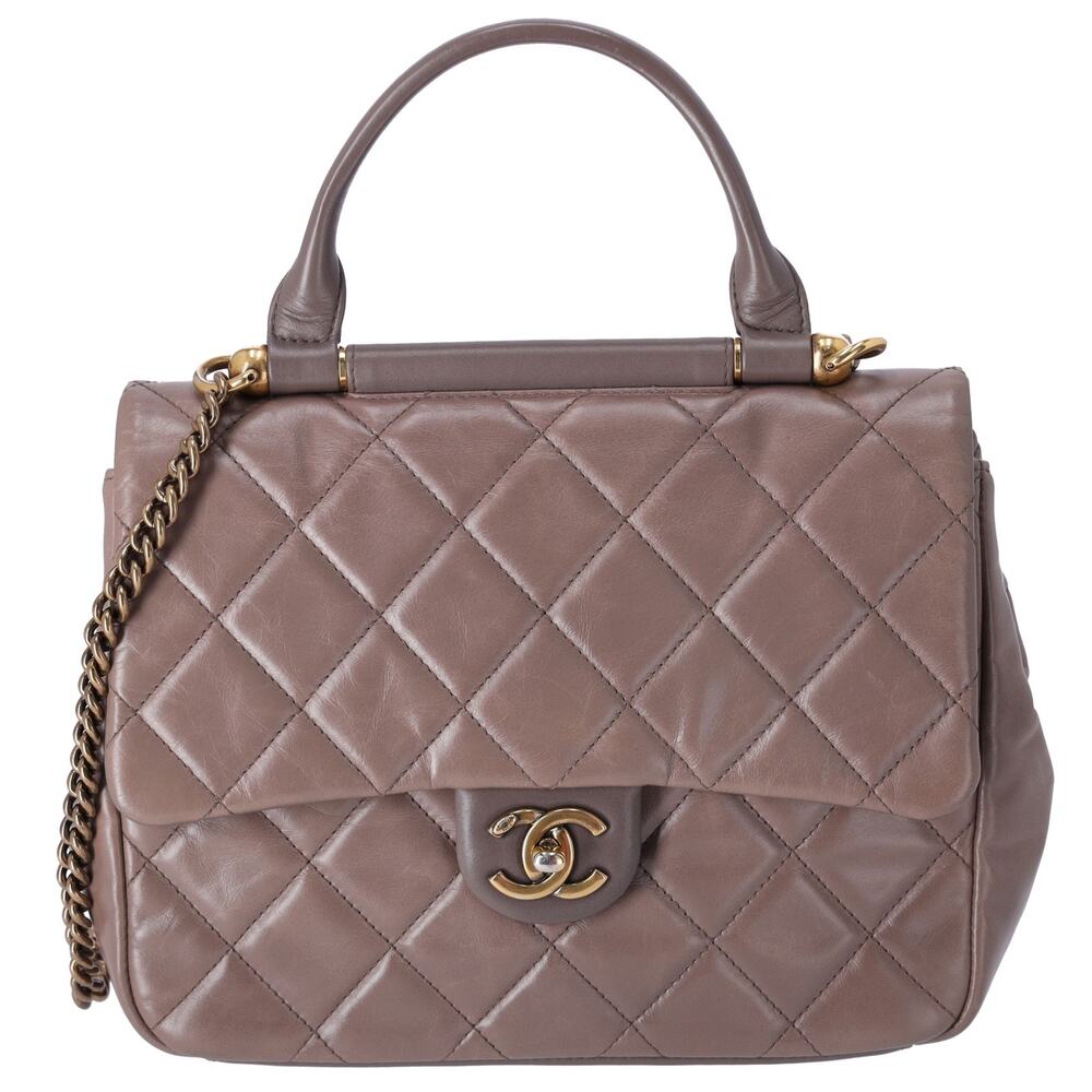 CHANEL Glazed Calfskin Quilted Medium Top Handle Flap Bag Dark Gray